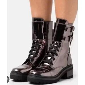 DKNY Metallic Gunmetal Double Buckle Chunky Lug Sole Bart Combat Boots 9.5